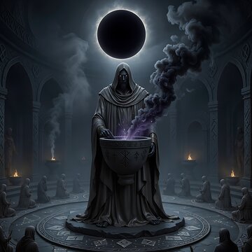Mysterious Ritual Under a Dark Eclipse with Hooded Figure.