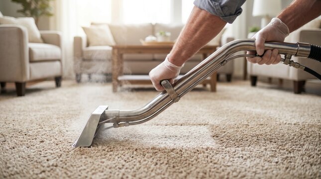 Professional cleaner using a metal steam vacuum wand to deep clean a beige living room carpet