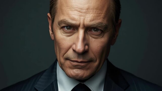 Mature man businessman portrait in suit and tie with intense confident expression dramatic lighting