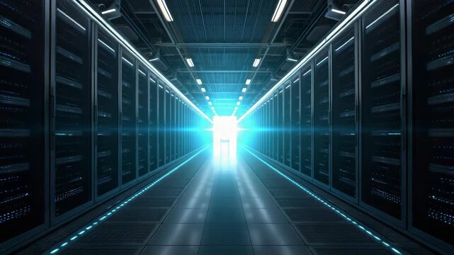 Futuristic data center aisle corridor with illuminated server rack rows and cool blue lighting