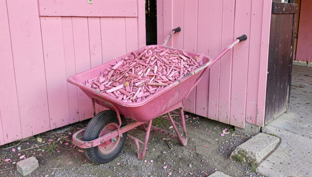 A wheelbarrow filled with bullet shells stands outside a bright pink building, potentially symbolizing war or conflict