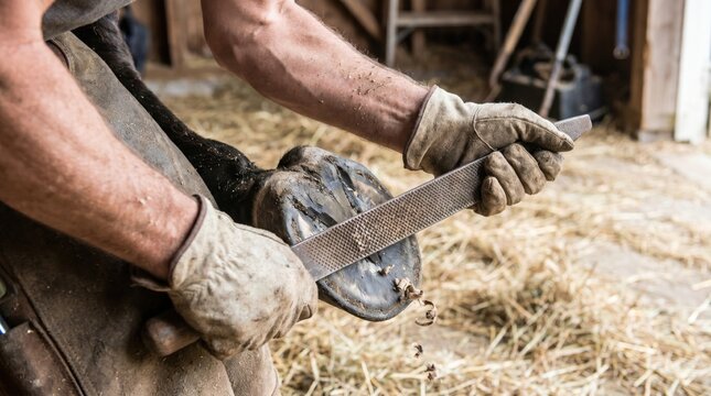 Professional farrier wearing leather gloves using a metal rasp to file down a horse hoof