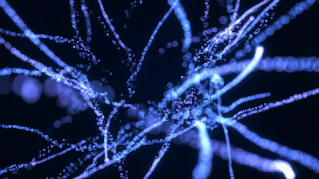 Ethereal energy particles with cool blue & soft purple luminescence gracefully form a complex neural network/geometric matrix, gently pulsating against an infinite midnight-dark void with a subtle