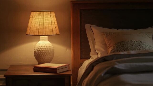 Warm bedside lamp casting soft glow over nightstand with book, pillow and cozy bedding