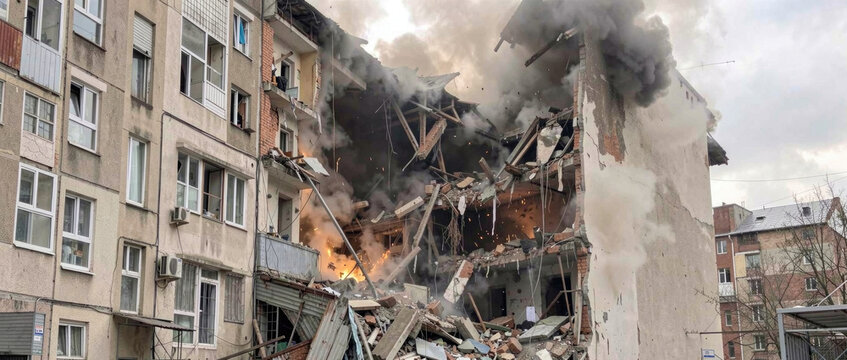 A building severely damaged by a fire with debris and rubble scattered around