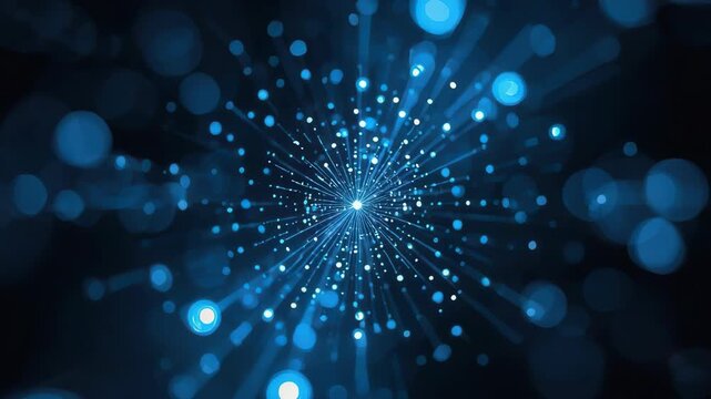 Blue particle burst radiating light with bokeh depth and glowing network lights