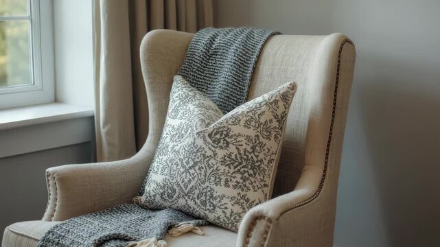 Beige armchair with patterned pillow and knitted throw near window cozy neutral knit throw pillow