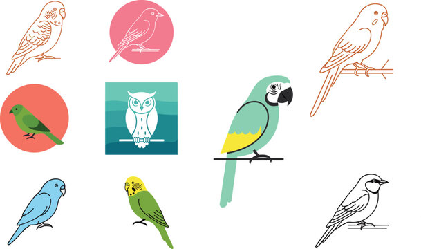 Parrot, Budgie, and Small Bird Icon Set with Owl, Parakeet, and Tropical Designs in Outline, Flat, and Realistic Styles for Wildlife, Nature, and Pets