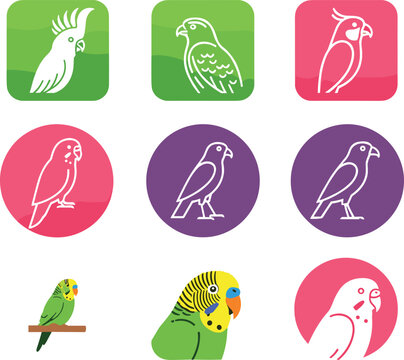 Parrot and Exotic Bird Icon Set with Colorful, Outline, Flat, and Realistic Designs Featuring Cockatoos, Parakeets, and Tropical Birds for Nature and Wildlife