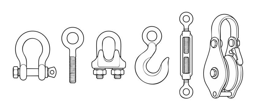 Industrial Rigging Hardware Set, Lifting Equipment Icons - Shackle, Eye Bolt, Wire Rope Clip, Hook, Turnbuckle and Pulley Block Black and White Line Art Vector Illustration for Mechanical Engineering