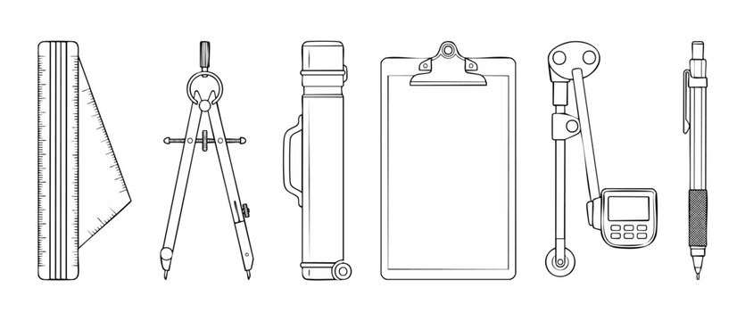Architectural Drafting Tools Set, Professional Engineering Equipment Icons, Ruler Compass Blueprint Tube Clipboard Mechanical Pencil and Planimeter Vector Line Art Illustration for Construction Design