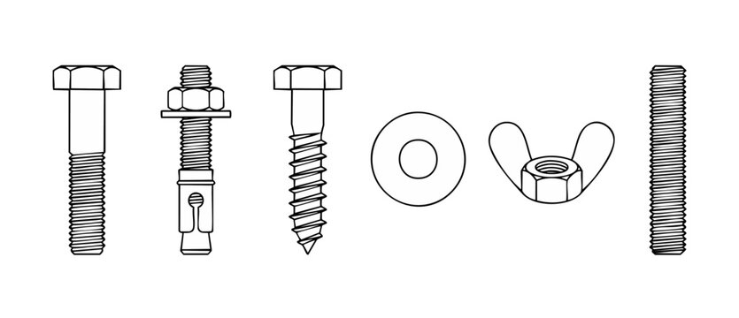 Bolts Screws Nuts Washers Fasteners Set, Technical Line Art Vector Illustration for Engineering, Construction, Industrial Repair, Metal Hardware Components, Monochrome Simple Design Isolated on White