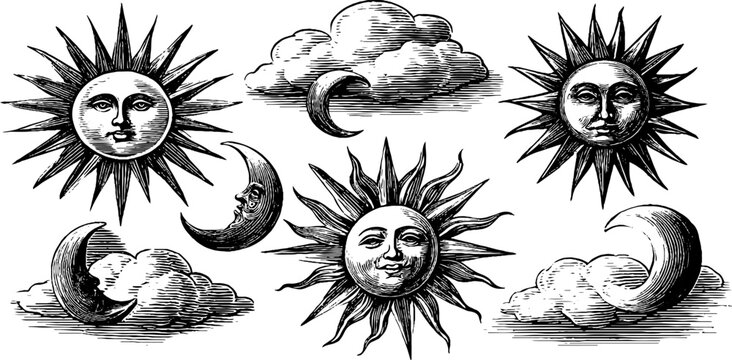 Celestial sun and moon faces arranged among clouds on white