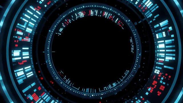 Futuristic digital tunnel with glowing circular data rings and neon lights, dynamic immersive sci fi