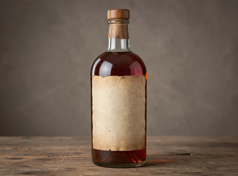 A bottle of liquor sits atop a wooden table, ready for use or display