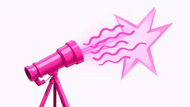 A pink telescope mounted on a tripod aimed at a bright star in the night sky