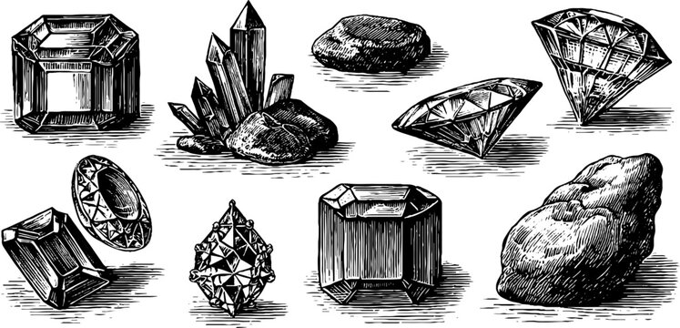 Assorted cut diamonds and raw crystal clusters on white background