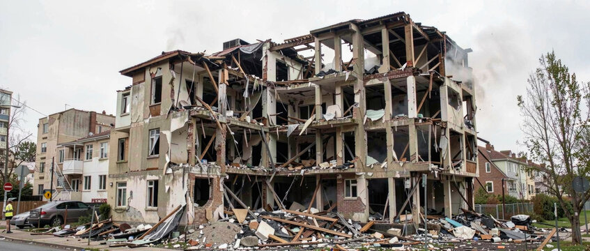 A photo of a building destroyed by a fire with debris and rubble scattered around