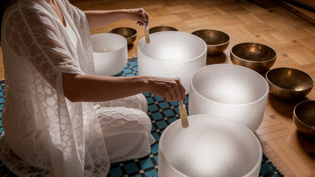 Stress Relief Vibrational Sound Therapy Session with Woman Playing White Quartz Crystal Singing Bowls for Energy Healing
