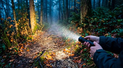 Obraz premium Hands holding flashlight on misty forest path at dusk. Autumn woodland search for lost child. Symbol of hope and awareness for international missing children day
