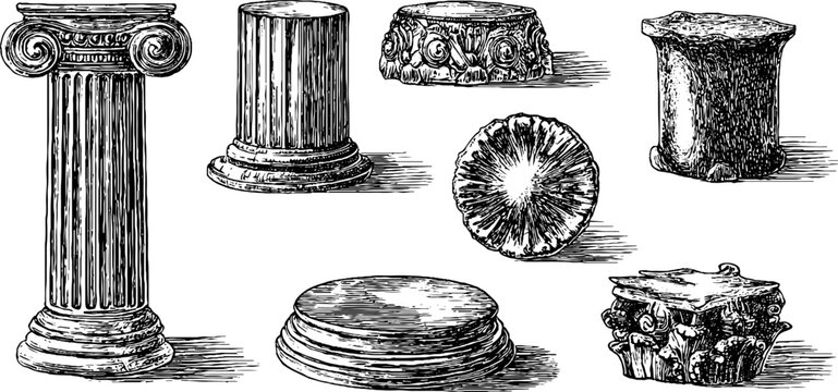 Architectural column bases and capitals displayed on white surface