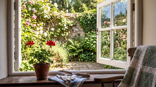 Open window with view of lush rose garden and ivy-covered wall. Cozy home interior blending nature and domestic tranquility concept