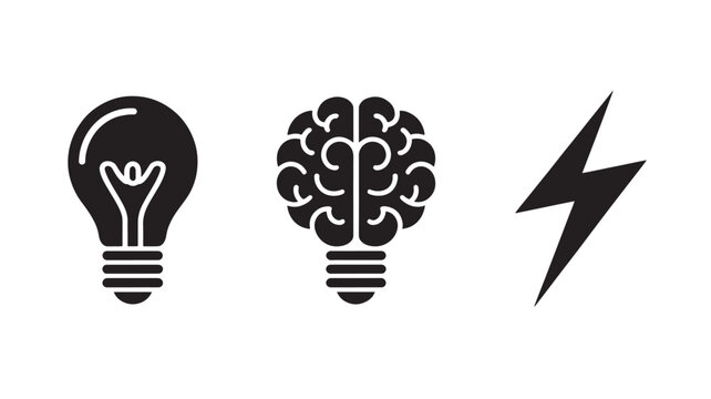 Black lightbulb brain and lightning bolt icons on white background for creative idea concepts