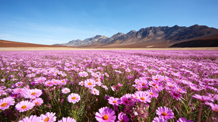 Fototapeta premium Vibrant desert bloom with pink wildflowers and distant mountains under clear blue sky