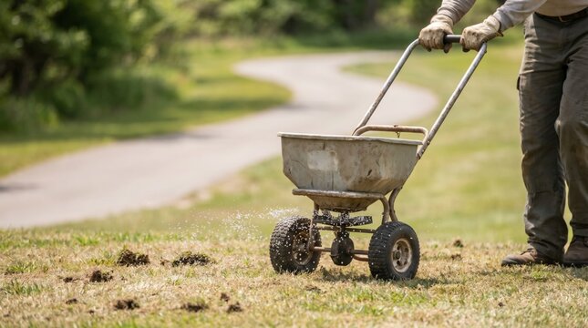Landscaper pushing a broadcast spreader to distribute fertilizer on a green lawn