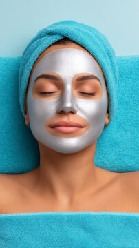 Young caucasian female relaxing with silver face mask and blue towel spa treatment