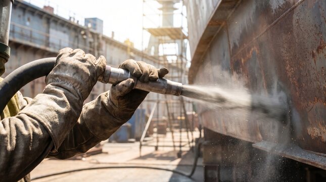 Industrial worker using sandblasting equipment to clean a large metal ship hull