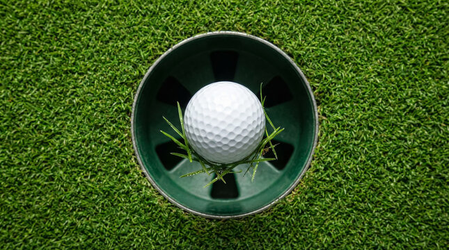 Golf ball in hole on lush green grass perfect for sports enthusiasts