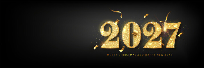 Happy New Year banner with gold shimmering glitter number. Festive holiday greeting template design. © Ann_Sereda