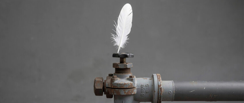 A single white feather perched on the rim of a metal pipe, simple and elegant