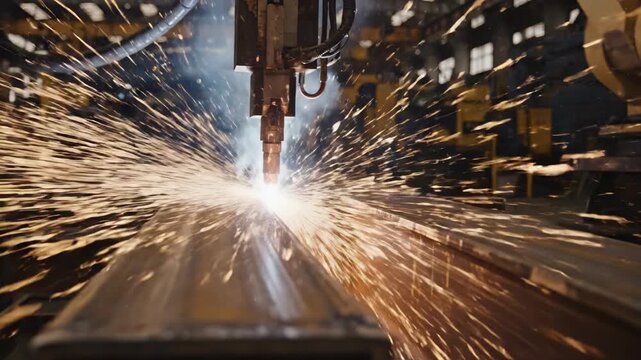 Industrial welder using a grinder tool to cut steel, creating bright sparks in a manufacturing factory worker construction site