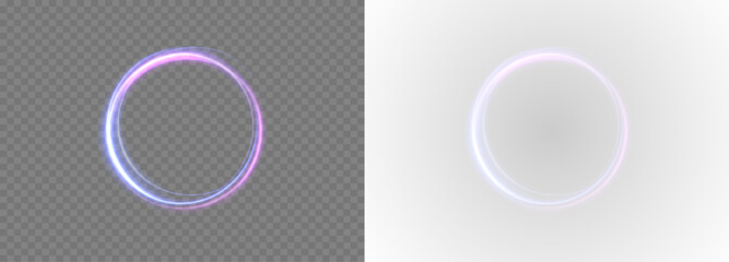Glowing neon vortex ring with energy flow and plasma light. Abstract futuristic portal with spiral motion. Vector light effect in PNG format. © Ihor Nemynushchyi