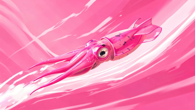 A lone pink squid floats on the surface of a pink liquid
