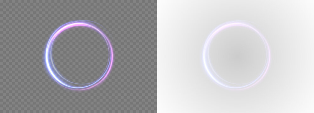 Glowing neon vortex ring with energy flow and plasma light. Abstract futuristic portal with spiral motion. Vector light effect in PNG format.