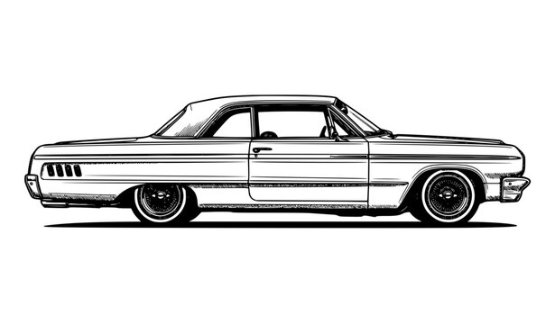 Vintage lowrider retro car monochrome vector illustration classic custom automotive design isolated