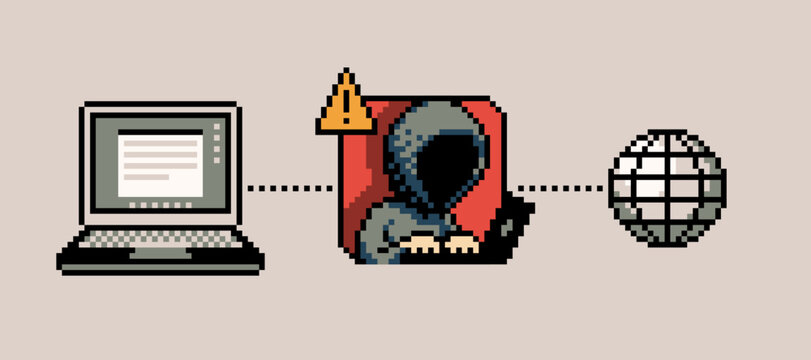 MITM attack. Cybersecurity threat, Man in the middle intercepting data. 8-bit hacker stealing data between computer and internet connection vector illustration