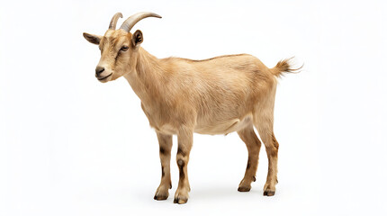 Fototapeta premium Standing brown goat with horns on plain background