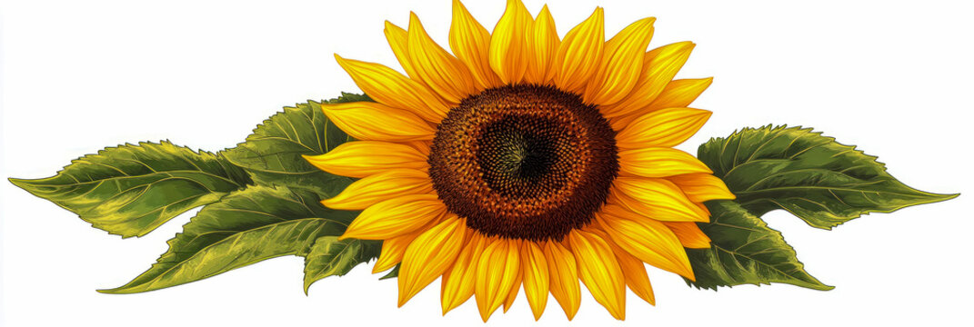 Vibrant, detailed illustration of large, radiant sunflower with numerous bright yellow petals and dark brown center, framed by lush green leaves on both sides, presented on clean white background, evo