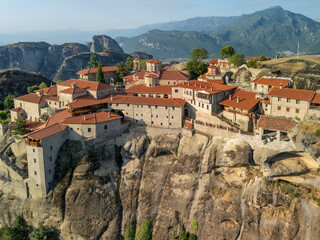 Fototapeta premium Aerial view of the Great Meteoron Monastery at Sunrise, Meteora, Greece