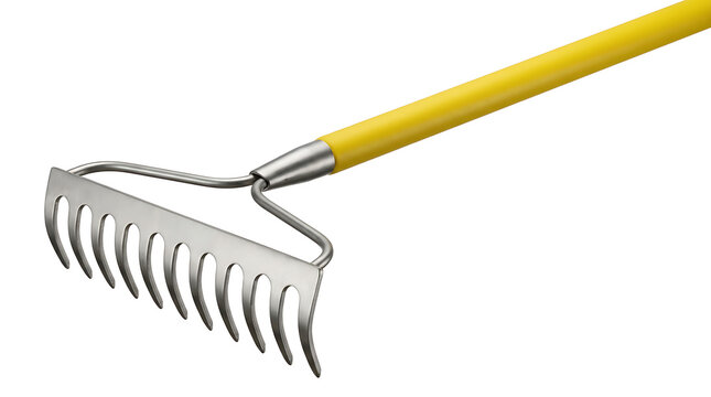 Yellow garden rake with metal tines