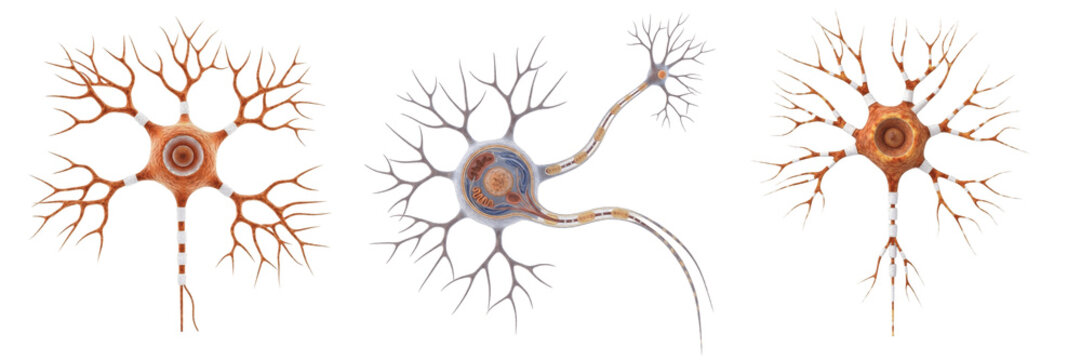 Biological Human Neuron Nerve Cell PNG Set Isolated on Transparent Background for Science Education and Medical Neuroscience Neural Connectivity Illustrations
