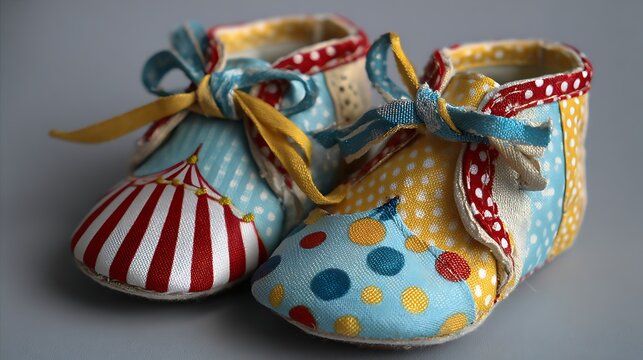 Colorful handmade baby shoes with ribbons and polka dots
