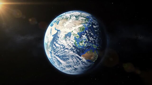 A hyperrealistic cgi video of planet earth slowly rotating in deep cosmic space, bathed in ethereal golden hour sunlight, with detailed clouds and visible continents. Concept of global