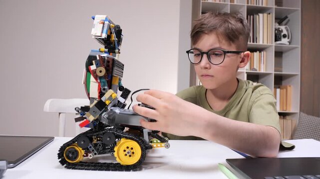 Young boy with glasses concentrating on building and programming a block robot, learning about science, technology, engineering, and mathematics in a creative environment
