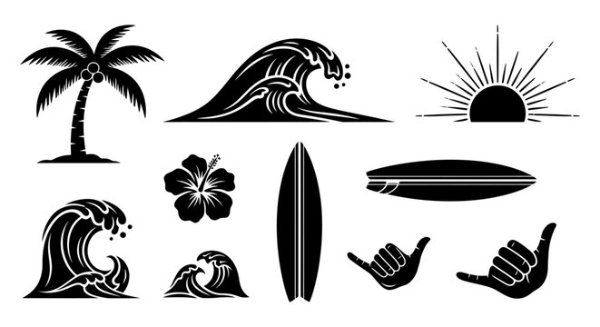 minimalist black surf icons palm tree wave surfboard hibiscus and shaka