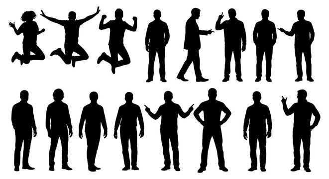 group of diverse people in silhouette jumping and standing poses